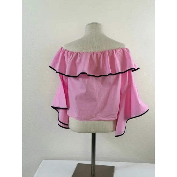 Zara Basic Blouse Sz XS Pink Off Shoulder Ruffle Bell Sleeve Barbiecore Crop Top - Picture 5 of 8